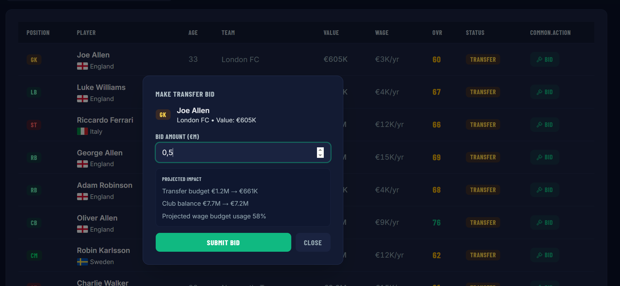 Transfer bid
